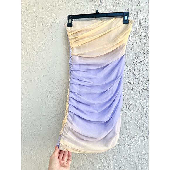 Zara Gradient Ruched Front Strapless Tulle Mini Dress Lilac/Yellow Women's Sz S - Picture 6 of 9
